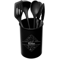 Jogo 5 Utensílios Para Cozinha De Silicone Com Suporte Preto